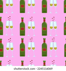 Bottle and glass seamless pattern, Valentine's Day hearts champagne glasses. Vector background with alcohol.