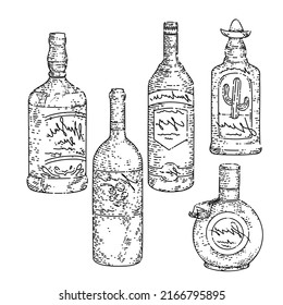 bottle glass set hand drawn vector. drink, doodle beverage, retro menu, alcohol engraved art, brandy bar, restaurant pub bottle glass sketch. isolated black illustration