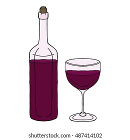 Bottle and glass set of red wine in cartoon doodle style isolated on white background. Color vector illustration. Design menu restaurant element. Print,drink,icon,logo,poster, card, art,object,dinner.