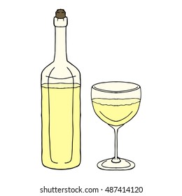 Bottle and glass set of red wine in cartoon doodle style isolated on white background. Color vector illustration. Design menu restaurant element. Print,drink,icon,logo,poster, card, art,object,dinner.