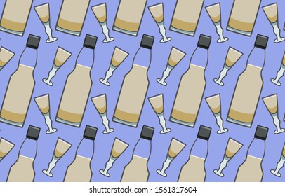 Bottle and glass with sherry seamless pattern on purle background