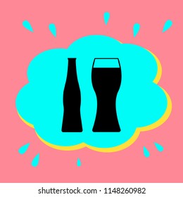 Bottle and a glass sign. Black icon in a bubble on a pink background. Vector