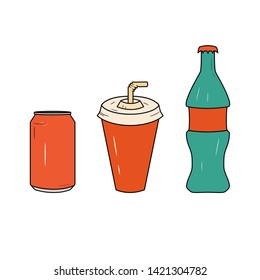 Bottle and glass of soda icon set.Vector illustration logo. Glass of juice and bottle with soda.