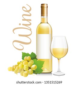 Bottle and glass of sweet white wine with bunch grapes. Vector illustration