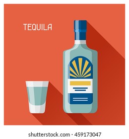 Bottle and glass of tequila in flat design style.