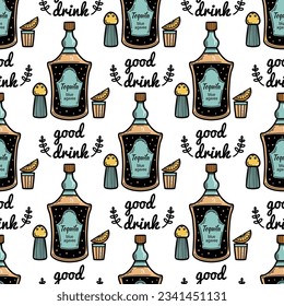 Frasco y vidrio de patrón vectorial sin costuras de tequila. Buena bebida mexicana, tomada con rebanada de limón y sal. Alcohol del cactus agave azul. Fondo dibujado a mano para barra, menú, impresión, fondo de pantalla