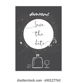 Bottle and a glass. Text in a circle. Save the date text calligraphy vector 
