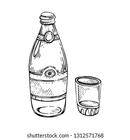 Bottle and glass. Vector illustration, sketch, handmade.
