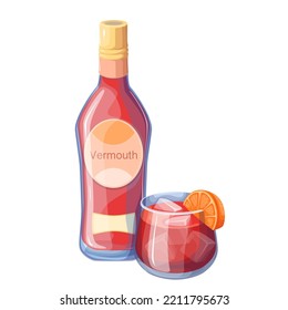 Bottle and glass with vermouth, cold alcohol drink for summer cocktail party vector illustration. Cartoon closed bottle from bar, isolated cup with alcoholic beverage, orange slice, ice cubes