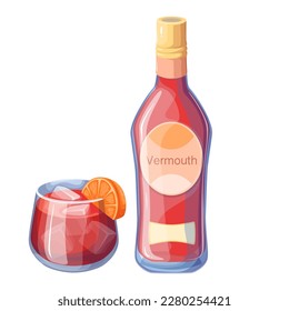 Bottle and glass with vermouth, cold alcohol drink for summer cocktail party vector illustration. Cartoon closed bottle from bar, isolated cup with alcoholic beverage, orange slice, ice cubes