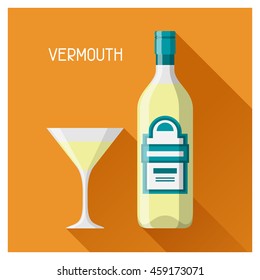 Bottle and glass of vermouth in flat design style.