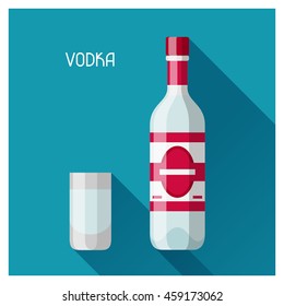 Bottle and glass of vodka in flat design style.