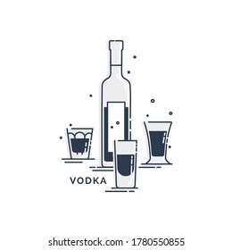 Bottle and glass vodka line art in flat style. Restaurant alcoholic illustration for celebration design. Design contour element. Beverage outline icon. Isolated on white background in graphic style.
