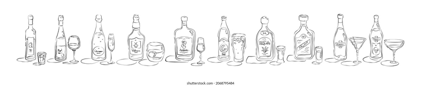 Bottle and glass vodka, wine, champagne, whiskey, liquor, beer, tequila, rum, martini, vermouth in hand drawn style. Beverage outline icon in row. Line art sketch on white background. Vector.
