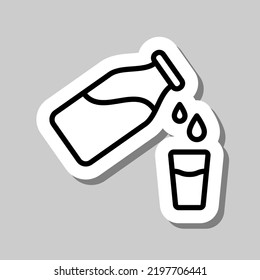Bottle with glass, water drops simple icon vector. Flat design. Sticker with shadow on gray background.ai