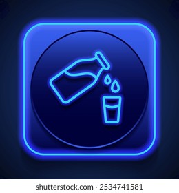 Bottle with glass, water drops simple icon vector. Flat design. Blue neon style on button. With shadow.ai