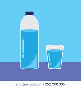 Bottle and glass of water on a blue background, minimalist style.