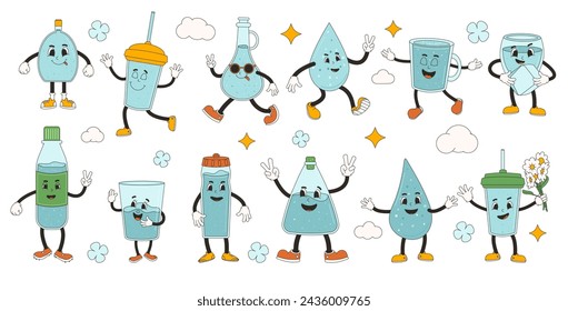 Bottle and glass of water retro cartoon mascots set. Drink rubber hose animation style groovy characters. Beverage cute anthropomorphic. Ecologic and wellness vector flat illustration isolated