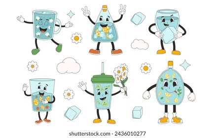 Bottle and glass of water retro cartoon mascots set. Soft drink rubber hose animation style groovy characters collection. Beverage cute anthropomorphic. Wellness and good habit vector illustration.