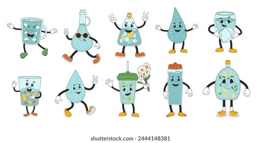 Bottle and glass of water retro cartoon mascots set. Drink rubber hose animation style groovy characters. Beverage cute anthropomorphic. Ecologic and wellness vector flat illustration isolated