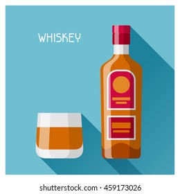 Bottle and glass of whiskey in flat design style.
