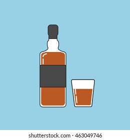 Bottle and a glass of whiskey. Flat design