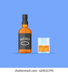 Bottle and glass of whiskey with ice isolated on blue background. Flat style vector illustration.