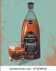 Bottle and glass of whiskey on grunge background.Vintage poster for advertising of alcohol drink.Vector illustration