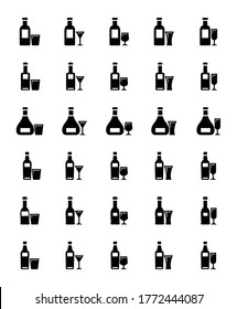 Bottle and glass of whiskey on white background,  collection icon set - vector silhouette