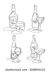 whisky de botellas y de vidrio, vermouth, vino tinto, martini en un estilo dibujado a mano. Icono de esquema de bebida. Ilustración en el restaurante. Esbozo de arte de línea. Objeto de contorno negro sobre fondo blanco. Vector.