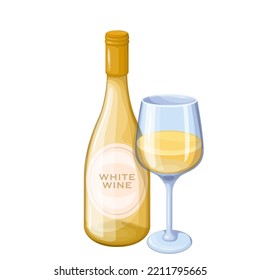 Bottle and glass with white wine, alcohol drink menu for celebration in bar, restaurant vector illustration. Cartoon bottle with cork and label, isolated wineglass filled with grape alcoholic beverage