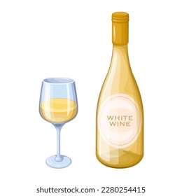 Bottle and glass with white wine, alcohol drink menu for celebration in bar, restaurant vector illustration. Cartoon bottle with cork and label, isolated wineglass filled with grape alcoholic beverage