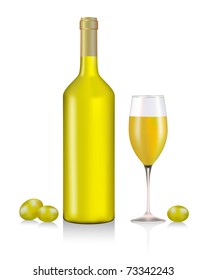 Bottle and glass with white wine and berries