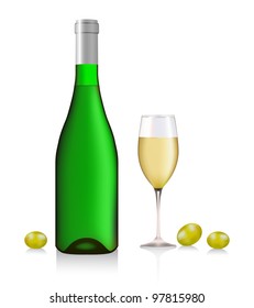 Bottle and glass with white wine and berries