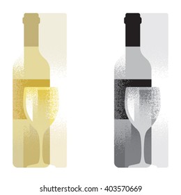 Bottle and glass of white wine. Black and white and colored vector icon