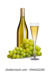 Bottle and glass of white wine with a bunch of grapes. 3d vector illustration