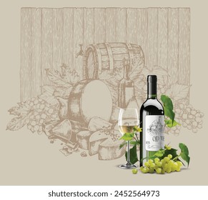 A bottle, a glass of white wine and a bunch of grapes against the background of a drawing on the theme of wine. Realistic illustration.