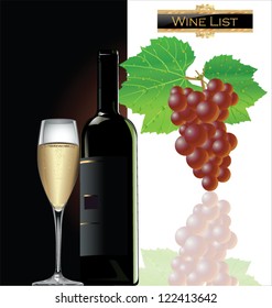 Bottle and glass of white wine and grape