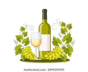 Una botella y una copa de vino blanco y una rama de uva con racimos de uvas y hojas. Adorno, patrón, elemento de diseño. Vino y concepto de vinificación. Patrón vintage de Vector para etiquetas de menú y vino.