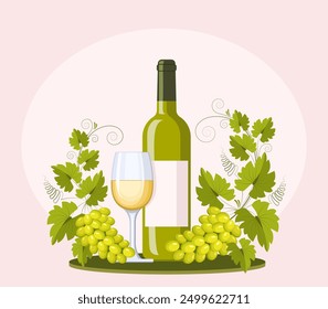 Una botella y una copa de vino blanco y una rama de uva con racimos de uvas y hojas. Adorno, patrón, elemento de diseño. Vino y concepto de vinificación. Patrón vintage de Vector para etiquetas de menú y vino.