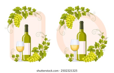 A bottle and glass of white wine and a grape branch with bunches of grapes and leaves. Ornament, pattern, design element. Wine and winemaking concept. Vector vintage pattern for menu and wine labels.