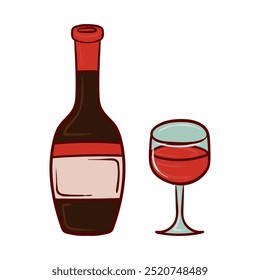 Bottle and a glass of wine. Alcohol, grapes, red dry, semi sweet, liquor, beverage, drink, mulled wine, berry, french, italian, celebration. Vector illustration