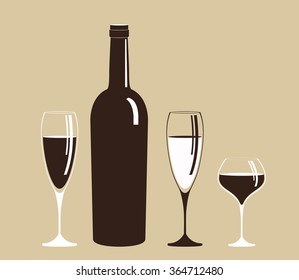 Bottle and glass of wine. Alcoholic drink.Isolated on grey background.Vector flat illustration.Symbol for online stores and restaurants.