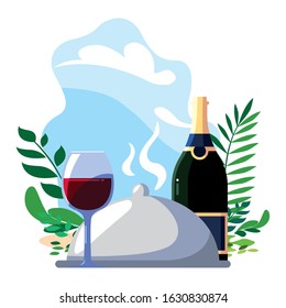bottle and glass of wine with background landscape vector illustration design