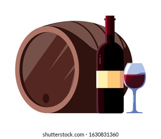 bottle and glass of wine with barrel on white background vector illustration design