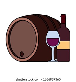 bottle and glass of wine with barrel on white background. vector illustration design.