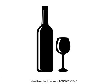 Bottle and glass of wine black silhouette icon set isolated on a white background. Wine bottle and glass icon vector isolated on white background