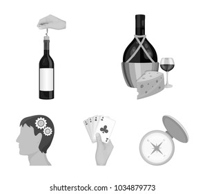 Bottle, a glass of wine and cheese, clogging with a corkscrew and other web icon in monochrome style. A combination of cards in hand, a person's head and an idea generator icons in set collection.