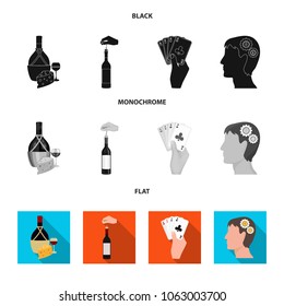 Bottle, a glass of wine and cheese, clogging with a corkscrew and other web icon in black, flat, monochrome style. A combination of cards in hand, a person s head and an idea generator icons in set