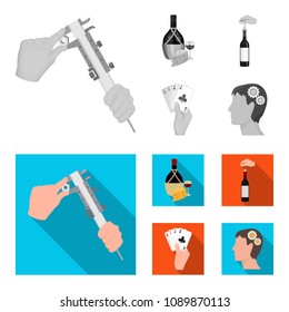 Bottle, a glass of wine and cheese, clogging with a corkscrew and other web icon in monochrome,flat style. A combination of cards in hand, a person head and an idea generator icons in set collection.